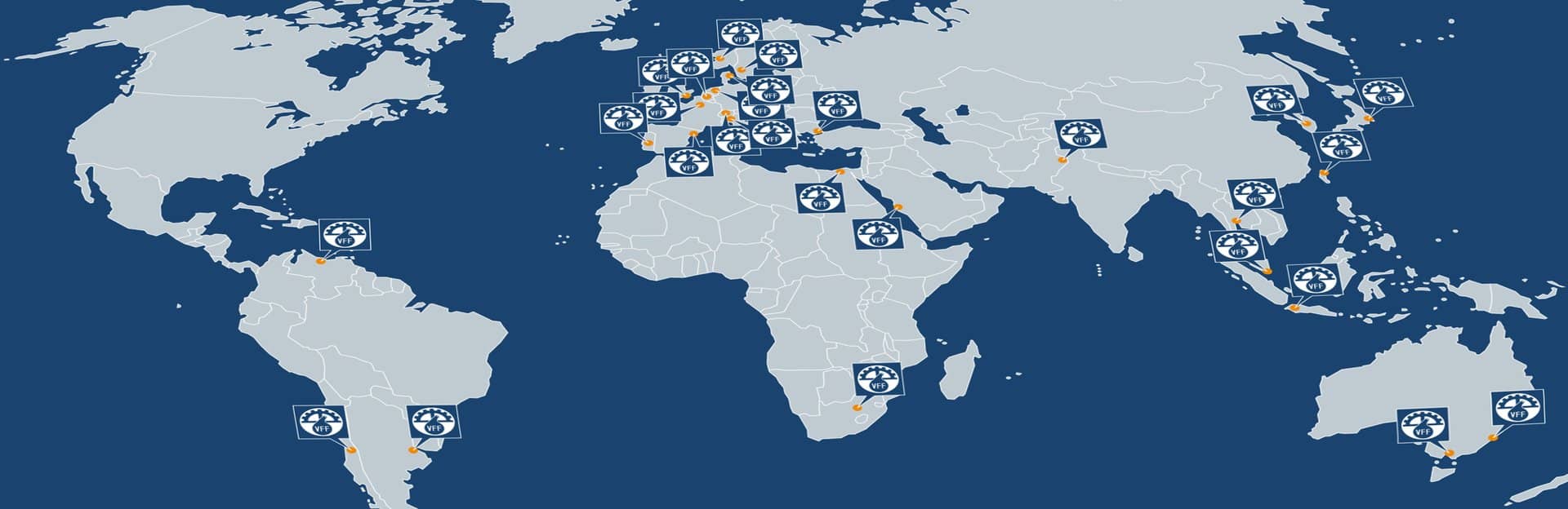 Eine Weltkarte mit den VFF Unternehmens-Standorten auf den verschiedenen Kontinenten.